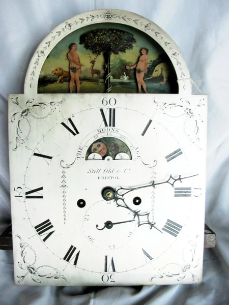 Painted dial of an eight-day longcase clock by Still, Old & Co. of Bristol, c.1780, with Adam and Eve in the arch